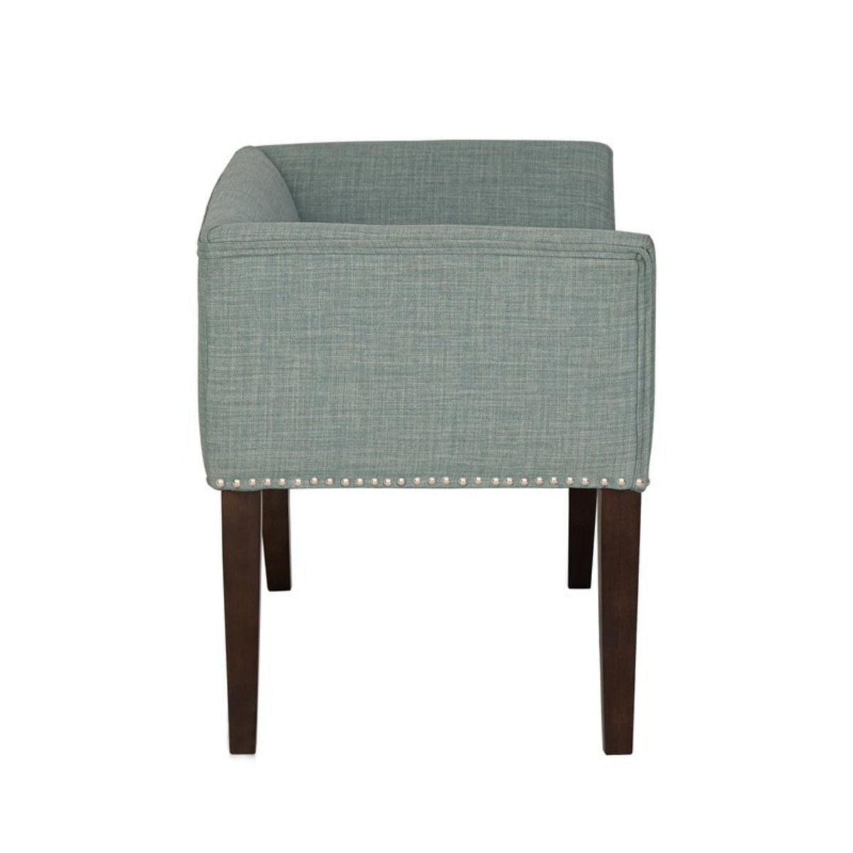 Welburn Upholstered Bench with low back and flared arms in blue-gray fabric, nailhead trim, dark legs on Tampa Home & Garden Store