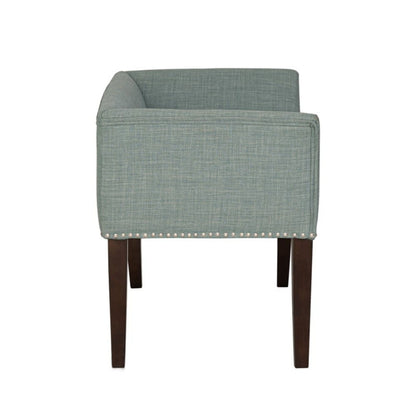 Welburn Upholstered Bench with low back and flared arms in blue-gray fabric, nailhead trim, dark legs on Tampa Home & Garden Store