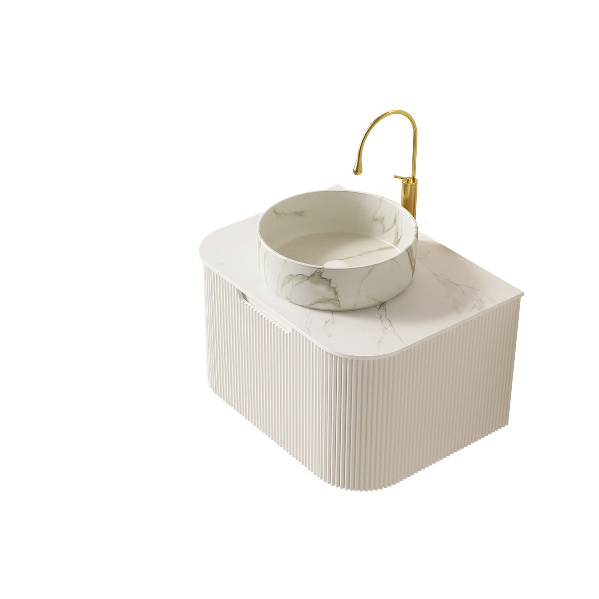 Dina 24-inch vanity and sink with marble vessel basin and gold gooseneck faucet on Tampa Home & Garden Store