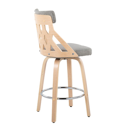 Mid-Century Modern counter stool with lattice back, natural wood frame and gray cushions on Tampa Home & Garden Store