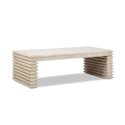 Geometric waterfall console table in solid wood with whitewashed finish on Tampa Home & Garden Store