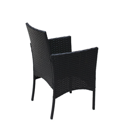 Black wicker rattan outdoor chair with curved back and armrests on Tampa Home & Garden Store