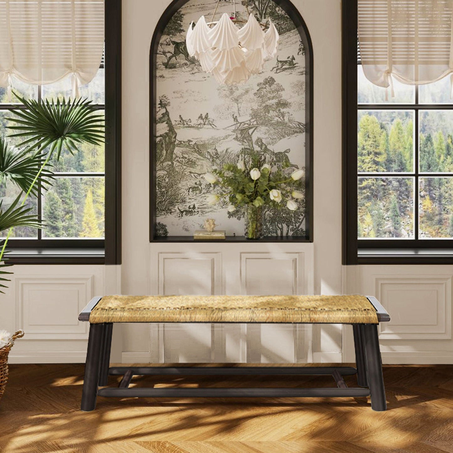 Solid Wood Rattan Bench for Indoor and Outdoor