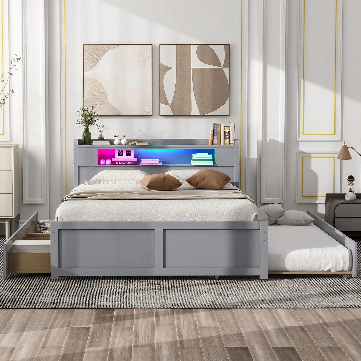 Gray storage platform bed with 2 drawers and trundle and LED lighting by Unique Piece Furniture on Tampa Home & Garden Store