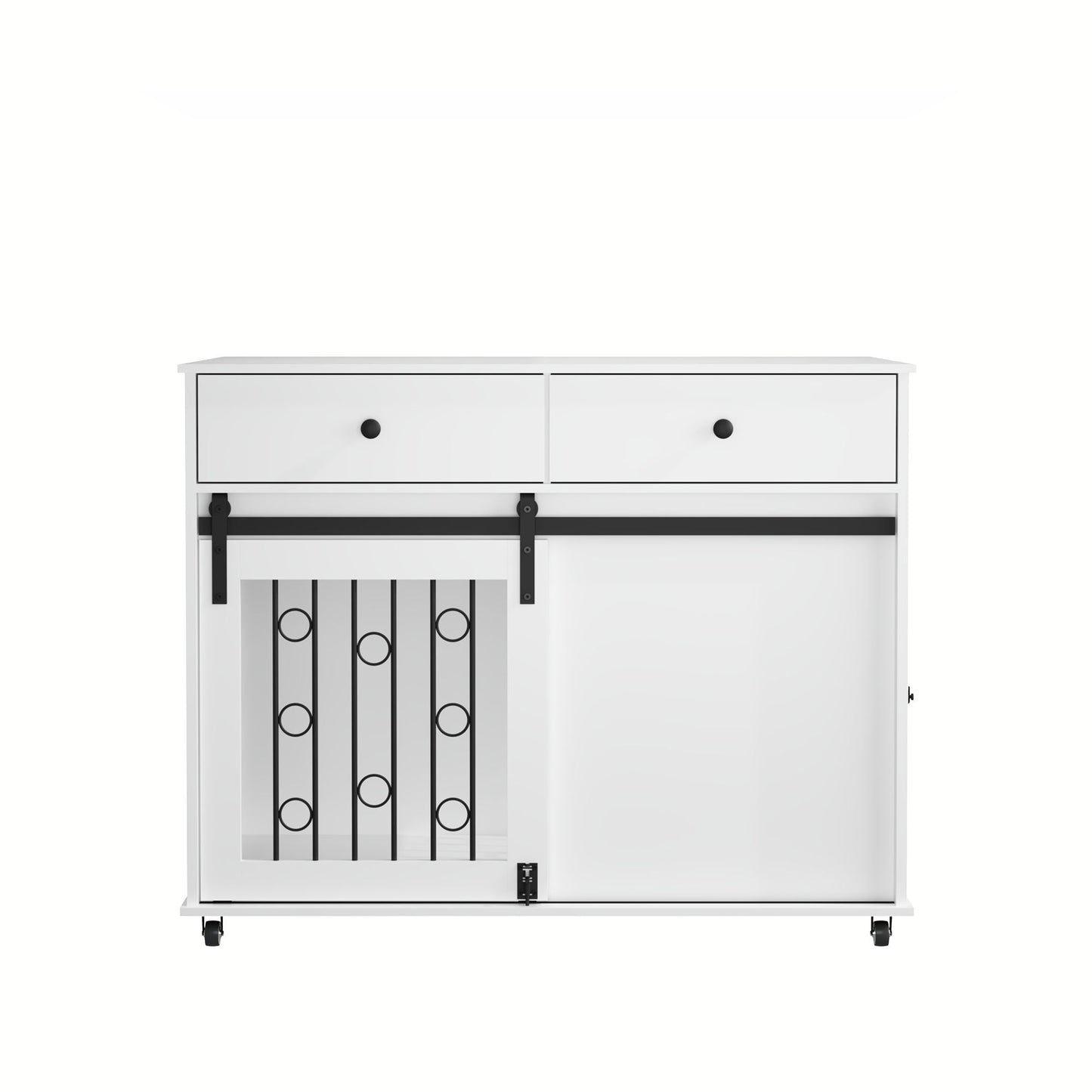 White dog crate furniture with double drawers and sliding barn door, suitable for small to medium dogs on Tampa Home & Garden Store