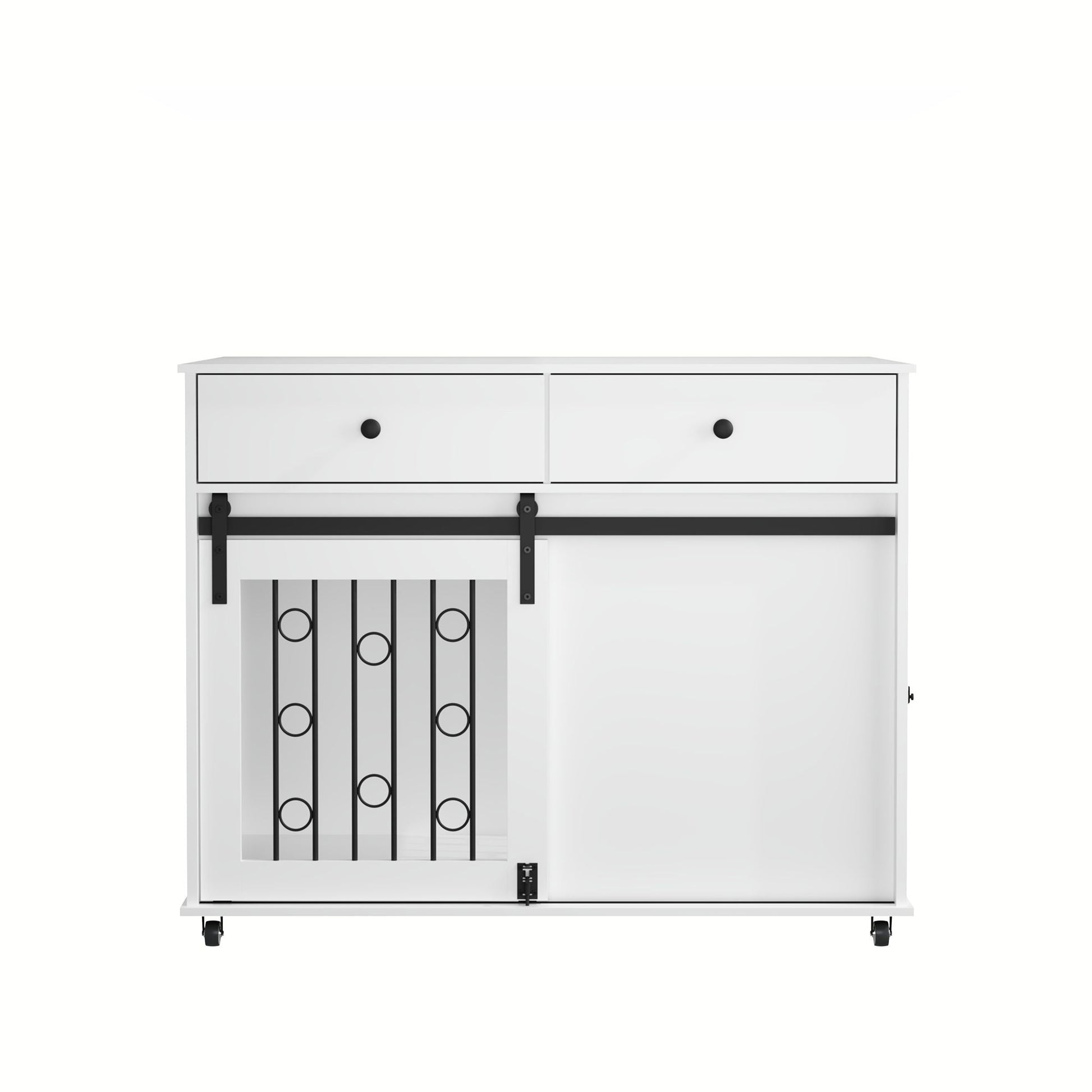 White dog crate furniture with double drawers and sliding barn door, suitable for small to medium dogs on Tampa Home & Garden Store