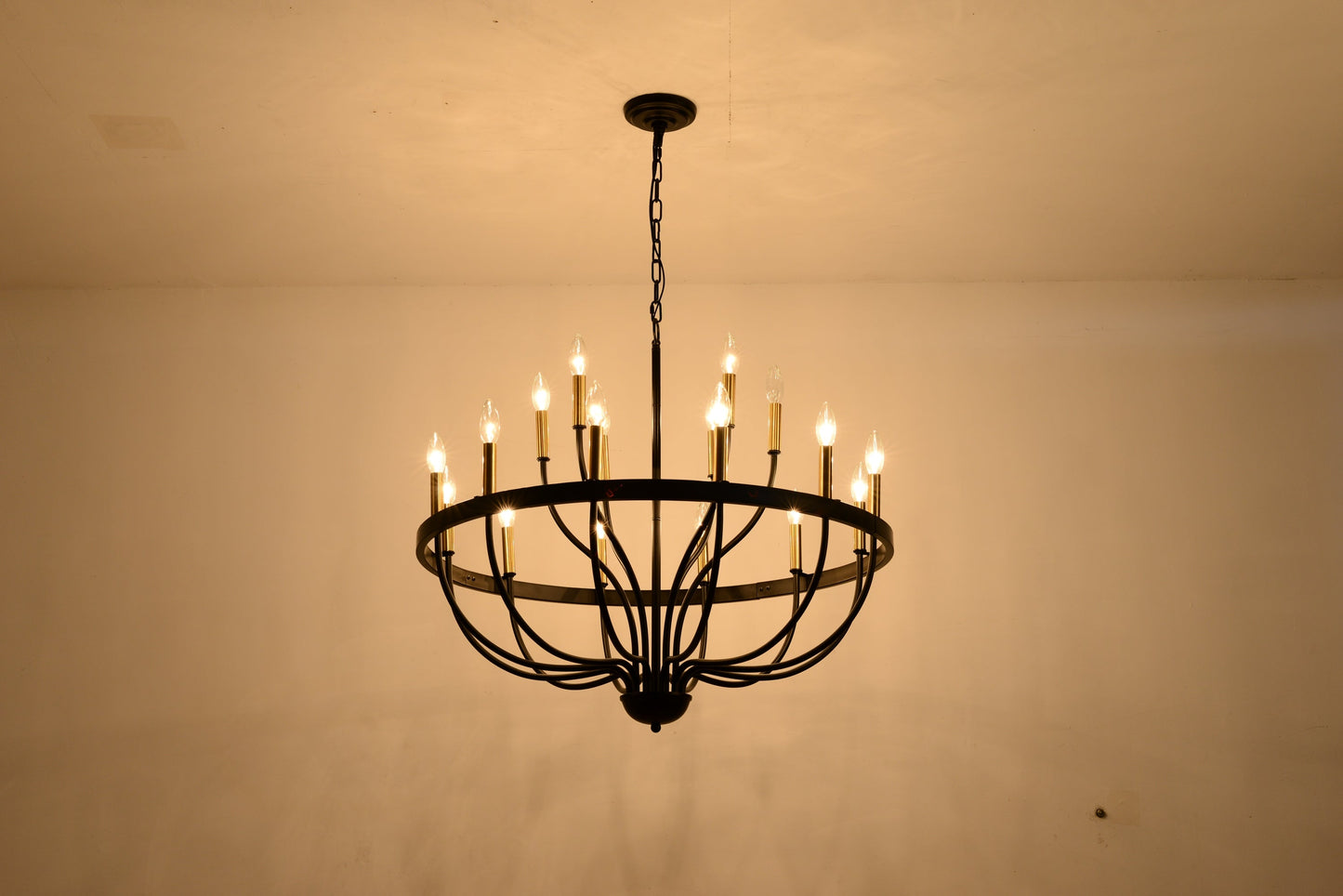 15-Light Industrial Iron Candle Chandelier with black metal ring and candle bulbs on Tampa Home & Garden Store