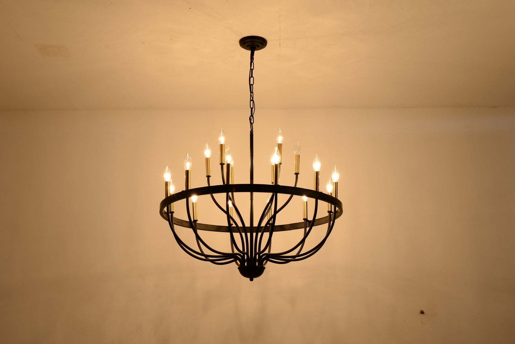 15-Light Industrial Iron Candle Chandelier with black metal ring and candle bulbs on Tampa Home & Garden Store
