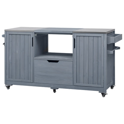 K&K 66.5in gray wood outdoor kitchen island by HouseOfZazla with stainless top and center on casters on Tampa Home & Garden Store