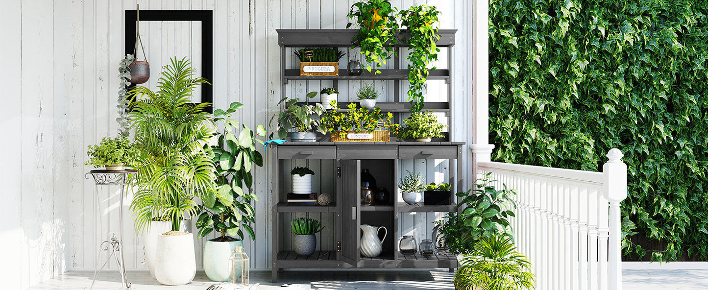 Topmax 66in Farmhouse Wooden Potting Bench Table with shelves and plants on Tampa Home & Garden Store