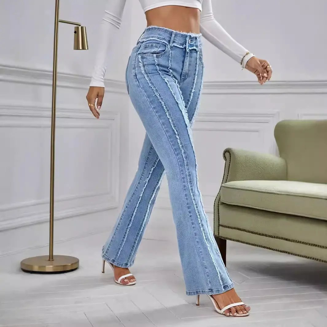 New Slightly Flared Wadding Edge Jeans For Women in light blue denim with frayed side seams on Tampa Home & Garden Store