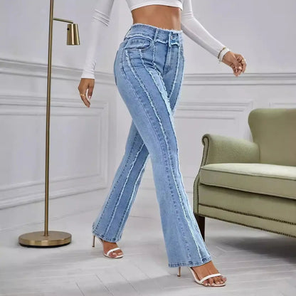 New Slightly Flared Wadding Edge Jeans For Women in light blue denim with frayed side seams on Tampa Home & Garden Store
