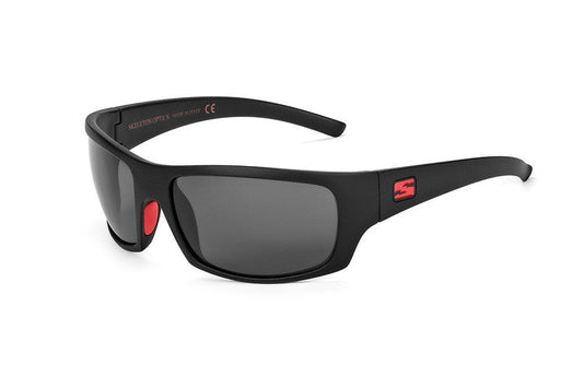 Sunglasses Renegade Artillery Red Skeleton Optics, black frame, gray lenses, red temple logo on Tampa Home & Garden Store