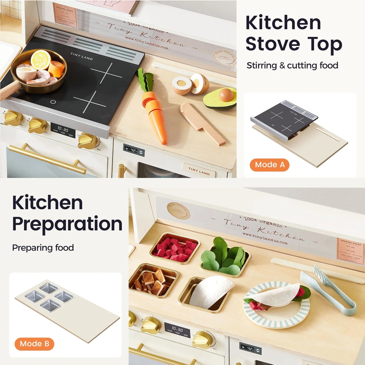 Tiny Land BistroSwitch play kitchen stove top with gold knobs and wooden foods on Tampa Home & Garden Store