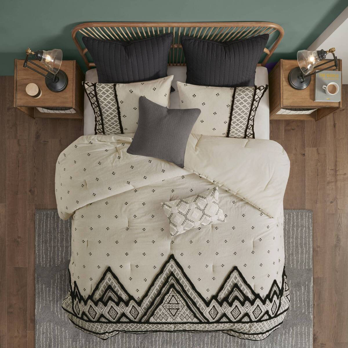 Cotton Flax Linen Comforter Set Natural King/Cal by HouseOfZazla, black geometric border on Tampa Home & Garden Store