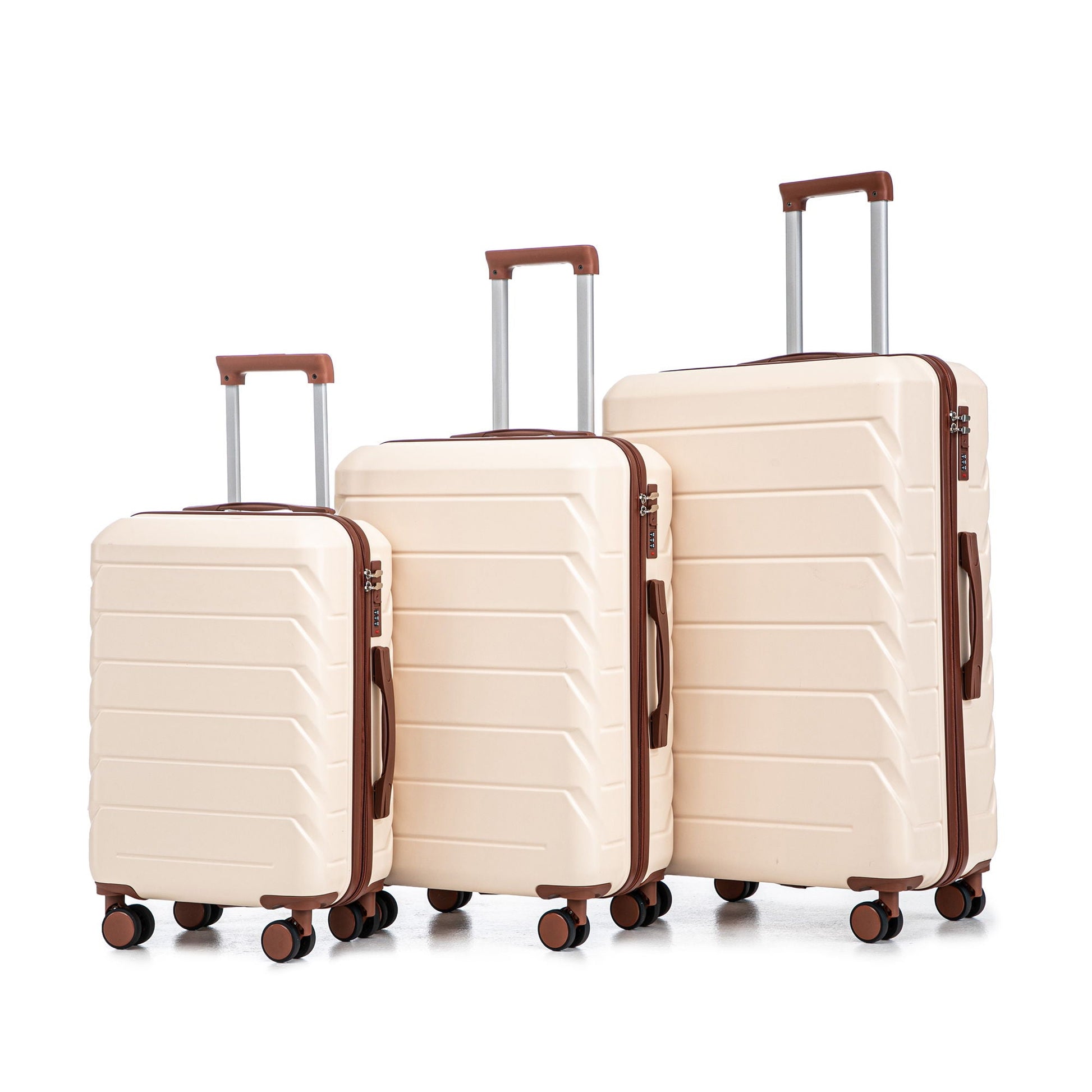 HouseOfZazla 3-piece beige spinner luggage set (20/24/28) with brown trim and combination locks on Tampa Home & Garden Store