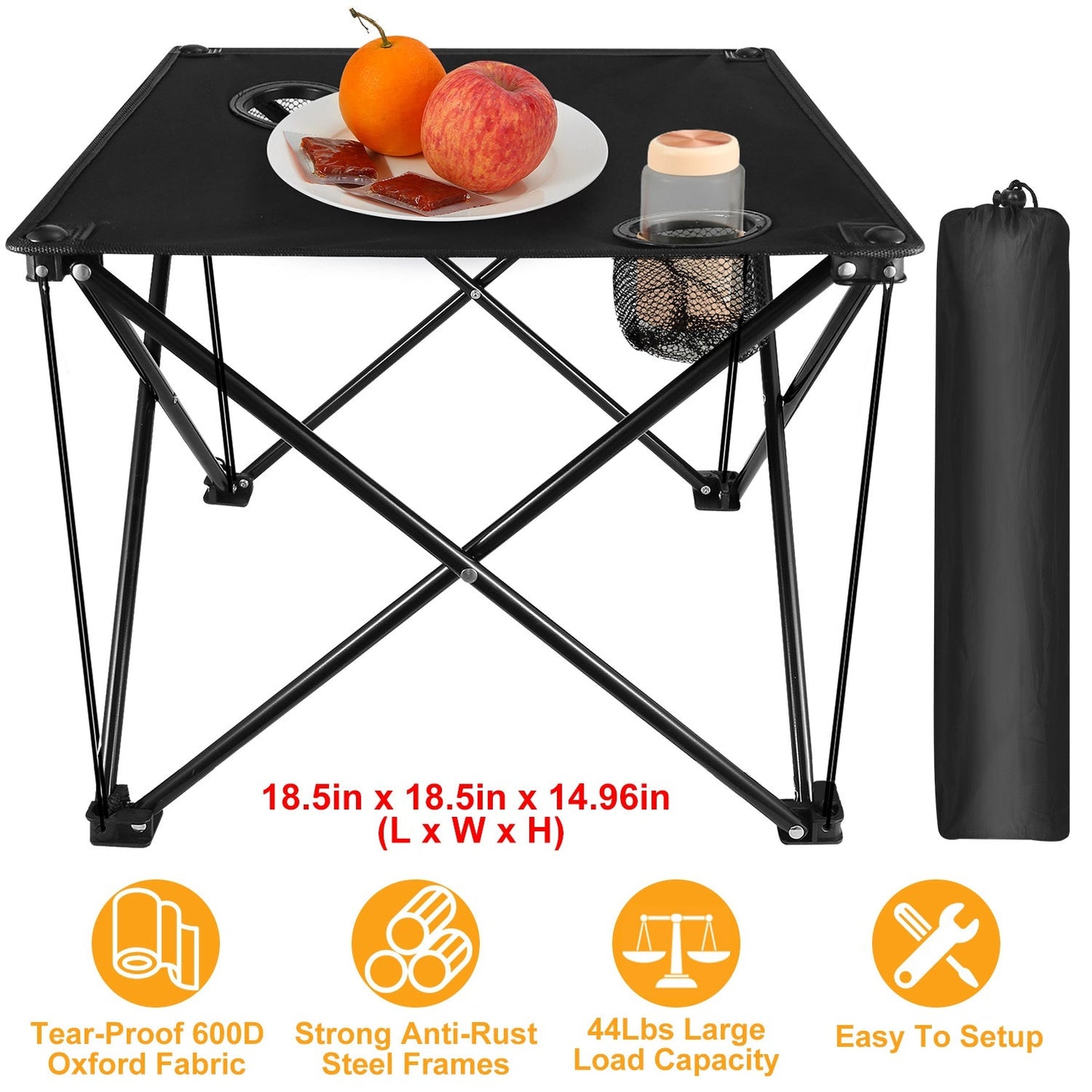 GemGear foldable camping table black Oxford fabric top with two cup holders and carrying bag on Tampa Home & Garden Store