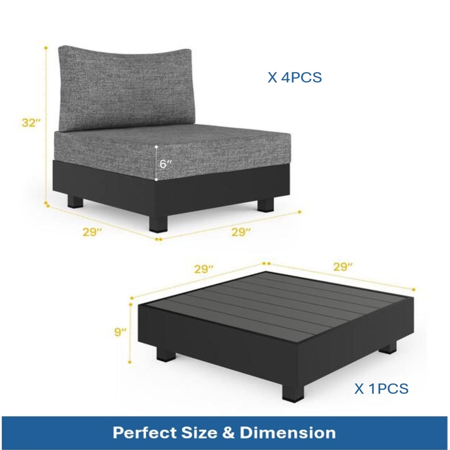 HouseOfZazla gray patio sectional set with 4 modular armless chairs and coffee table on Tampa Home & Garden Store