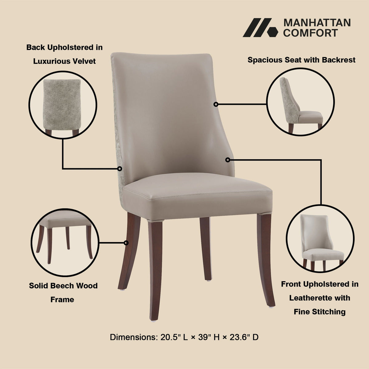 Modern dining chair set of 2 by HouseOfZazla gray leatherette seat with velvet back on Tampa Home & Garden Store