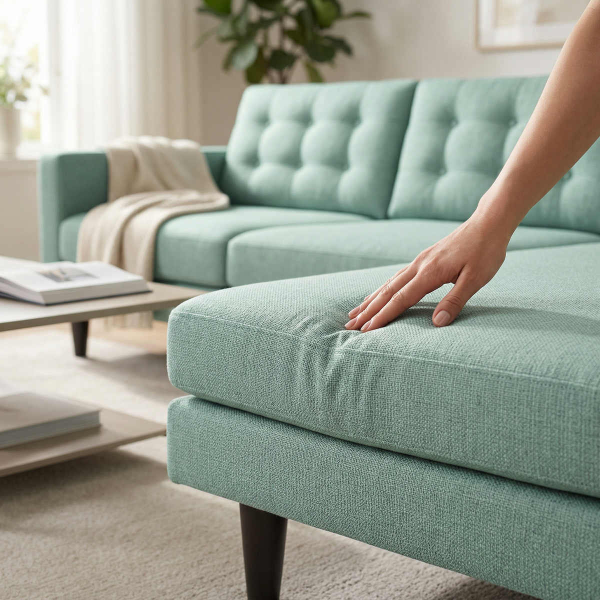 Talmadge Sectional by HouseOfZazla in teal fabric with tufted back cushions and wood legs on Tampa Home & Garden Store