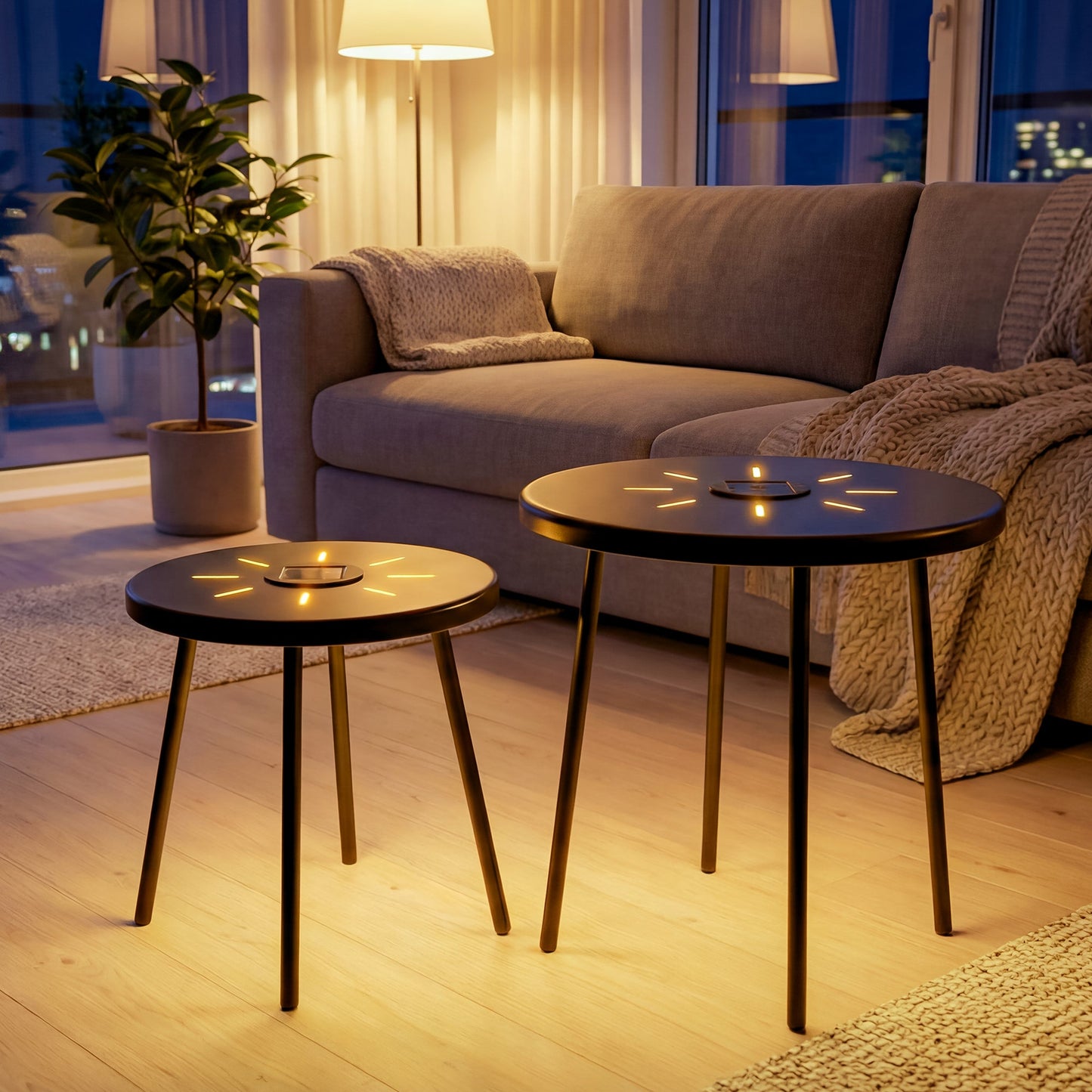 a Set of Two Solar Led Nesting Round Side Tables