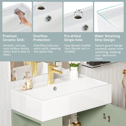 Bathroom vanity with white ceramic sink, side storage, and gold faucet hardware by HouseOfZazla in multiple colors on Tampa Home & Garden Store