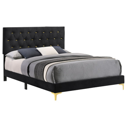 James Panel Bed by HouseOfZazla, black upholstered bed with tufted headboard and gold-tone legs on Tampa Home & Garden Store