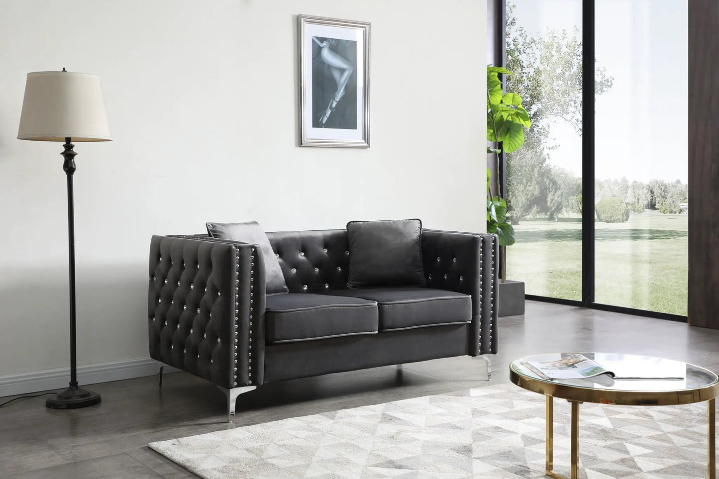 Elegant Track Arm Loveseat, charcoal gray tufted leather, nailhead trim, stationary on Tampa Home & Garden Store