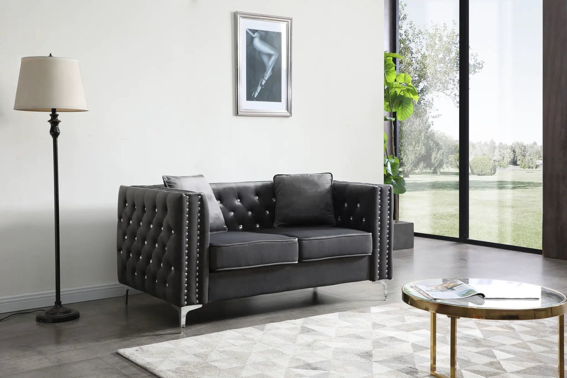 Elegant Track Arm Loveseat, charcoal gray tufted leather, nailhead trim, stationary on Tampa Home & Garden Store