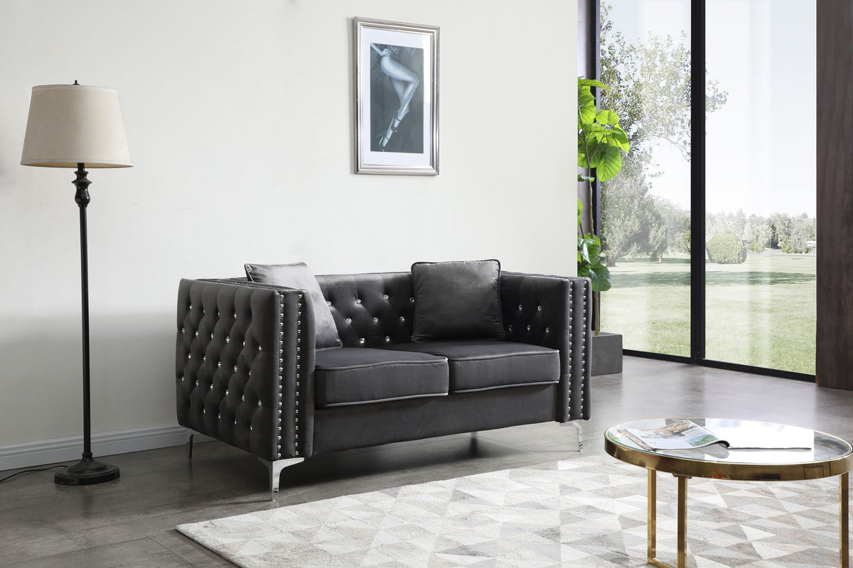 Track-arm loveseat in charcoal gray tufted micro suede with nailhead trim HouseOfZazla stationary on Tampa Home & Garden Store