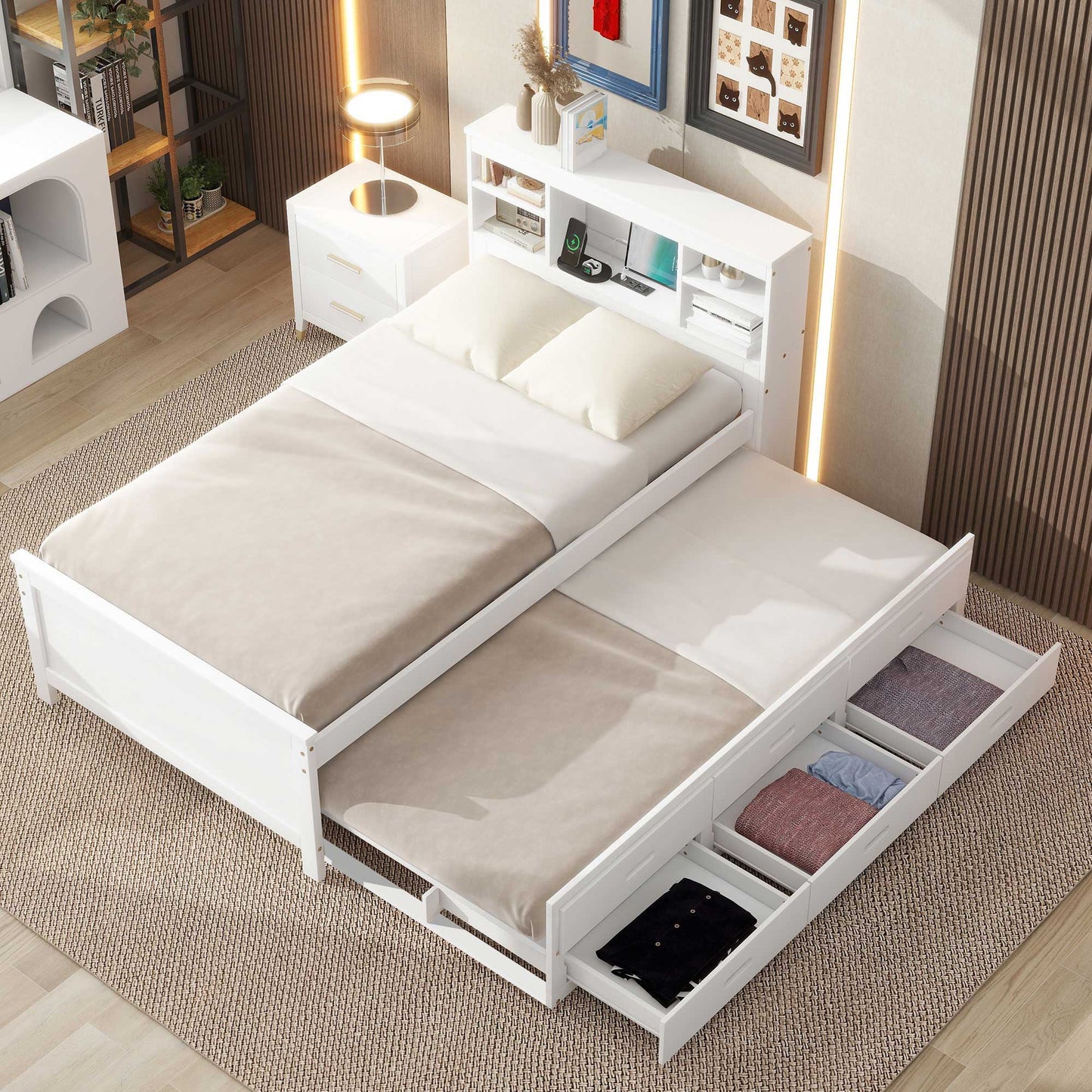 Platform bed with storage headboard USB, trundle and 3 drawers in white by HouseOfZazla on Tampa Home & Garden Store