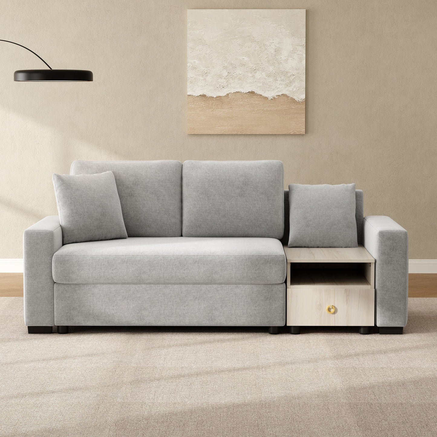 Modular gray sofa with storage armrest and center console, right-side cubbies and drawer on Tampa Home & Garden Store
