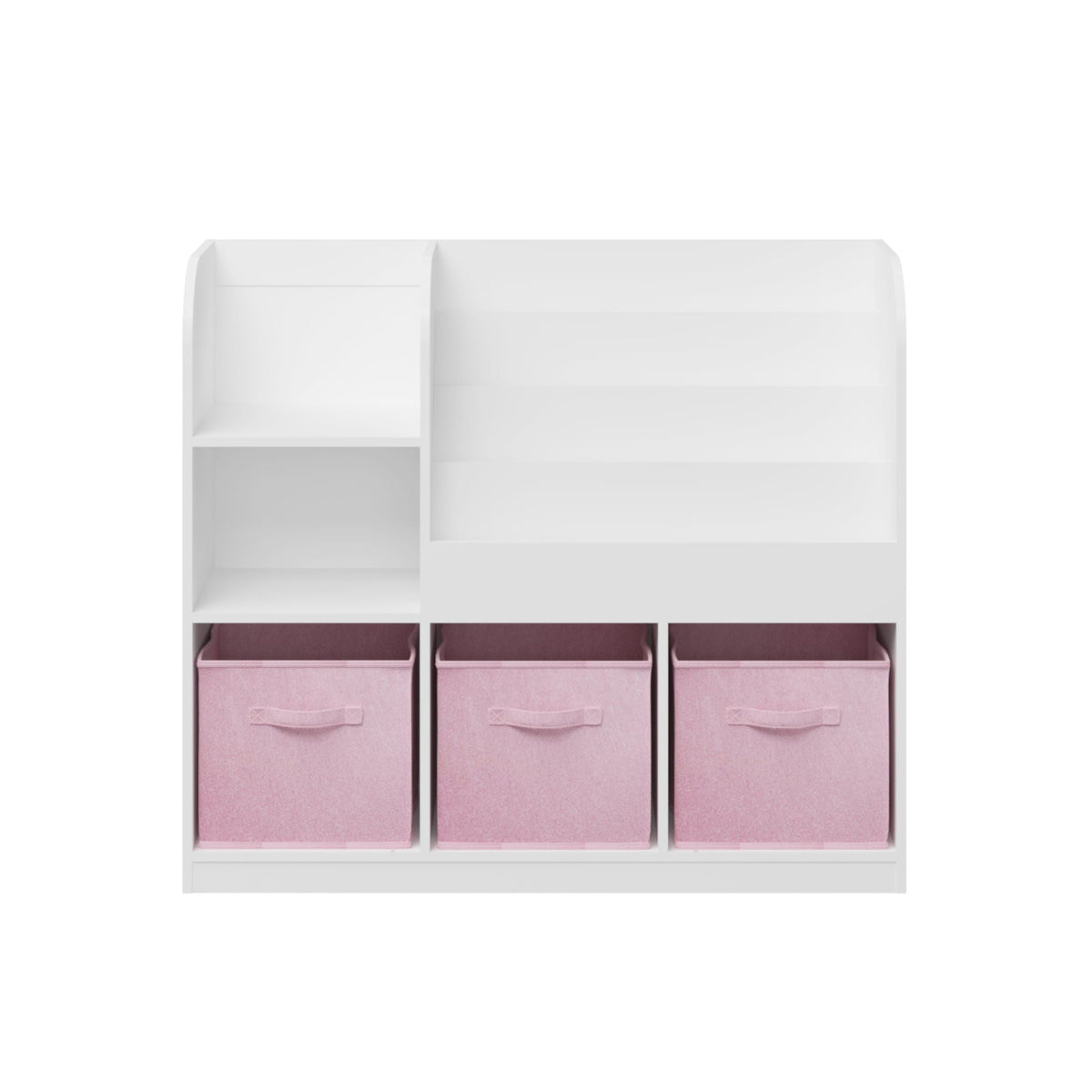 Bookcase and Bookshelf with 3 Collapsible Drawers, white frame, pink fabric storage bins on Tampa Home & Garden Store
