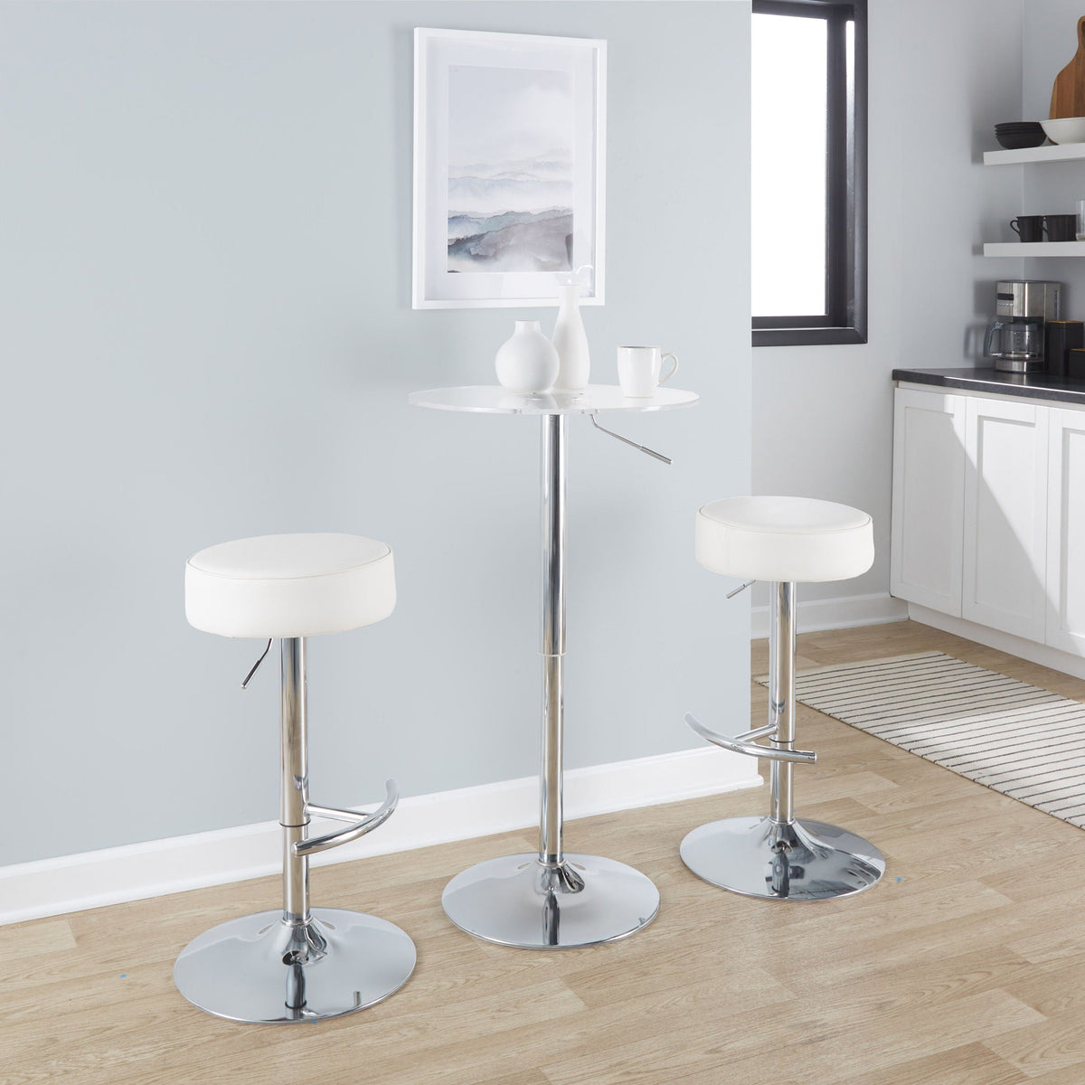 Bar table with white round top and chrome pedestal, three white adjustable stools on Tampa Home & Garden Store