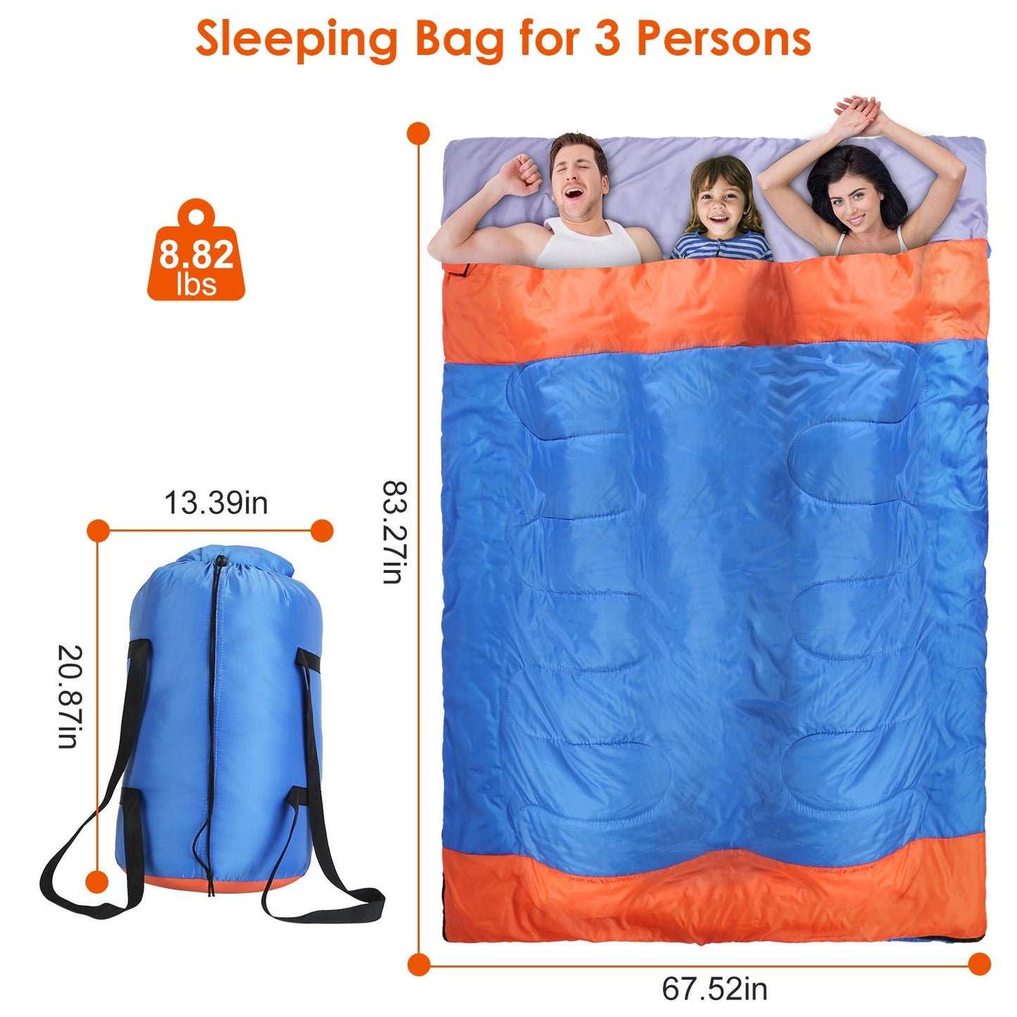GemGear 3-person sleeping bag with cotton liner, blue and orange, 3-season outdoor use on Tampa Home & Garden Store