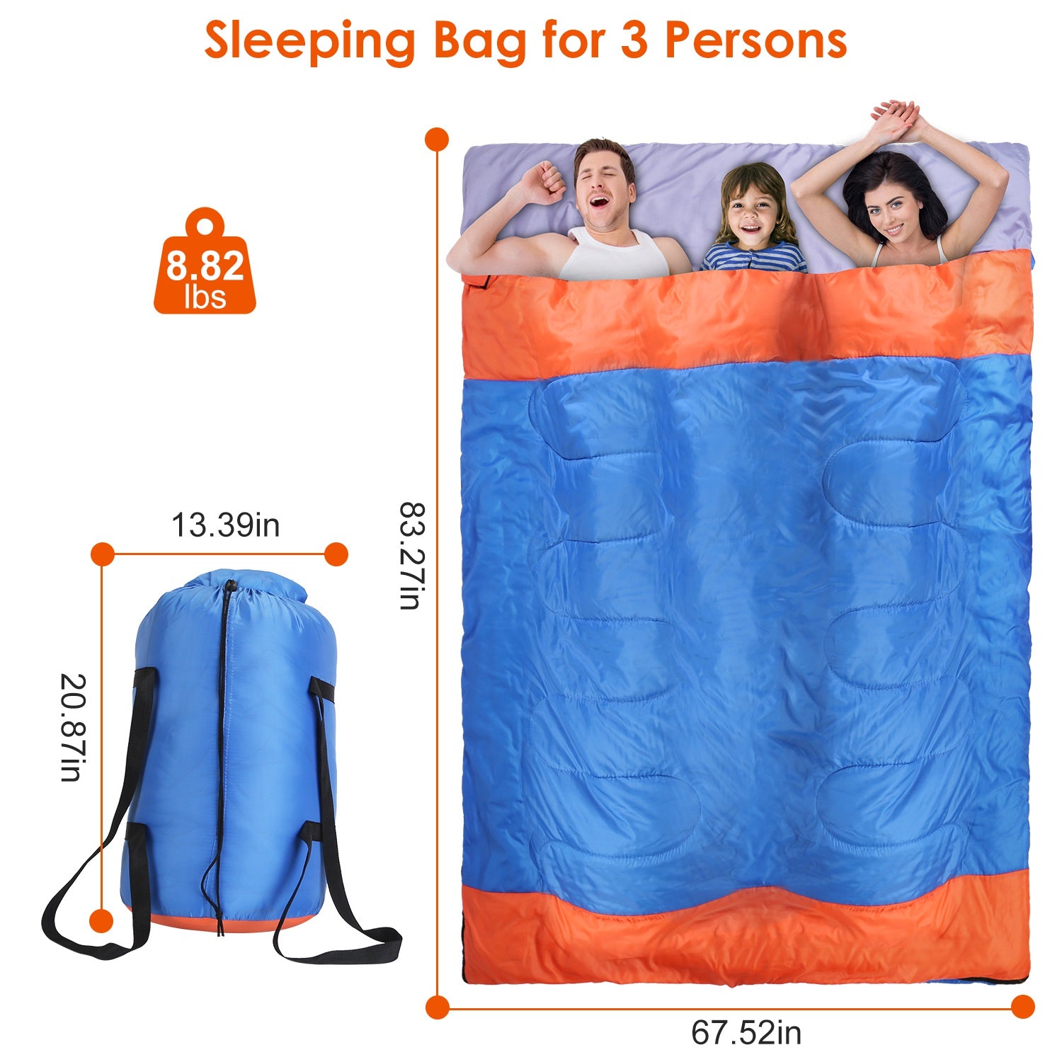GemGear 3-person sleeping bag with cotton liner, blue and orange, 3-season outdoor use on Tampa Home & Garden Store
