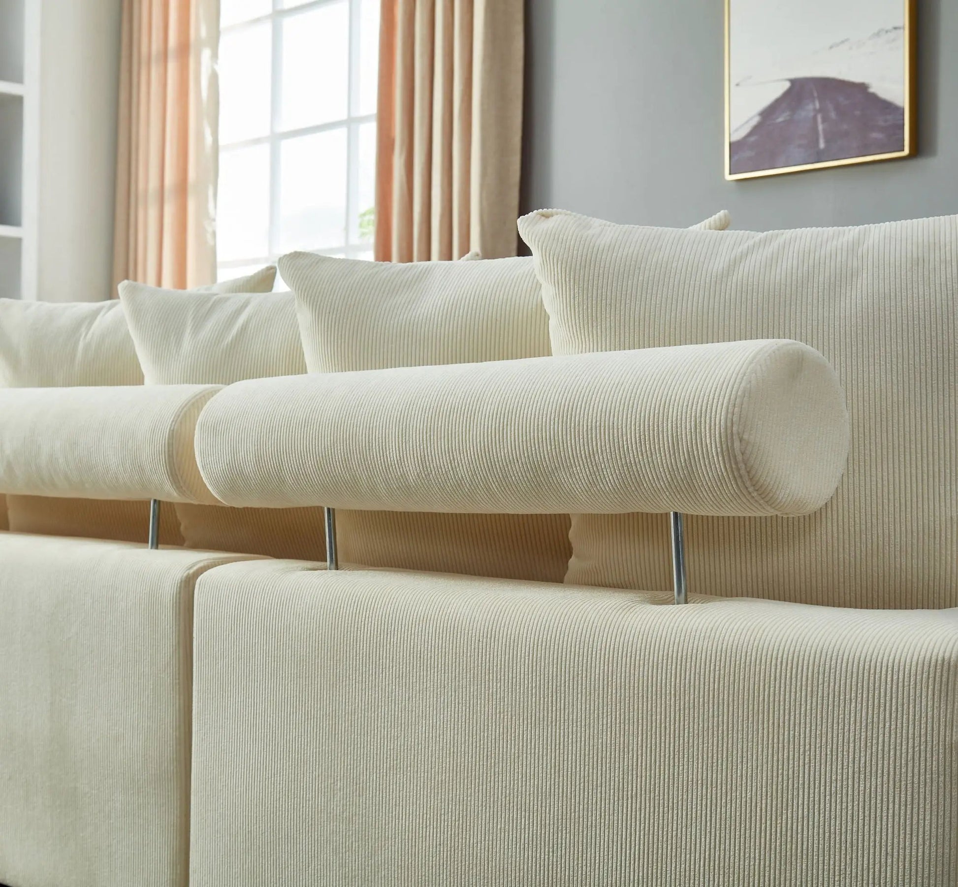 5 Seater oversized convertible L & U shaped couch in cream corduroy with metal legs on Tampa Home & Garden Store