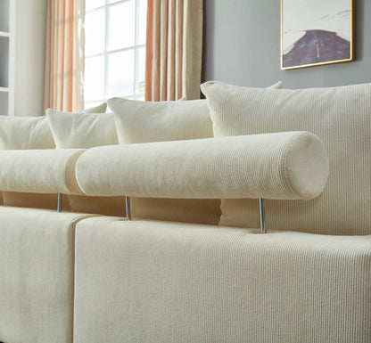 5 Seater oversized convertible L & U shaped couch in cream corduroy with metal legs on Tampa Home & Garden Store