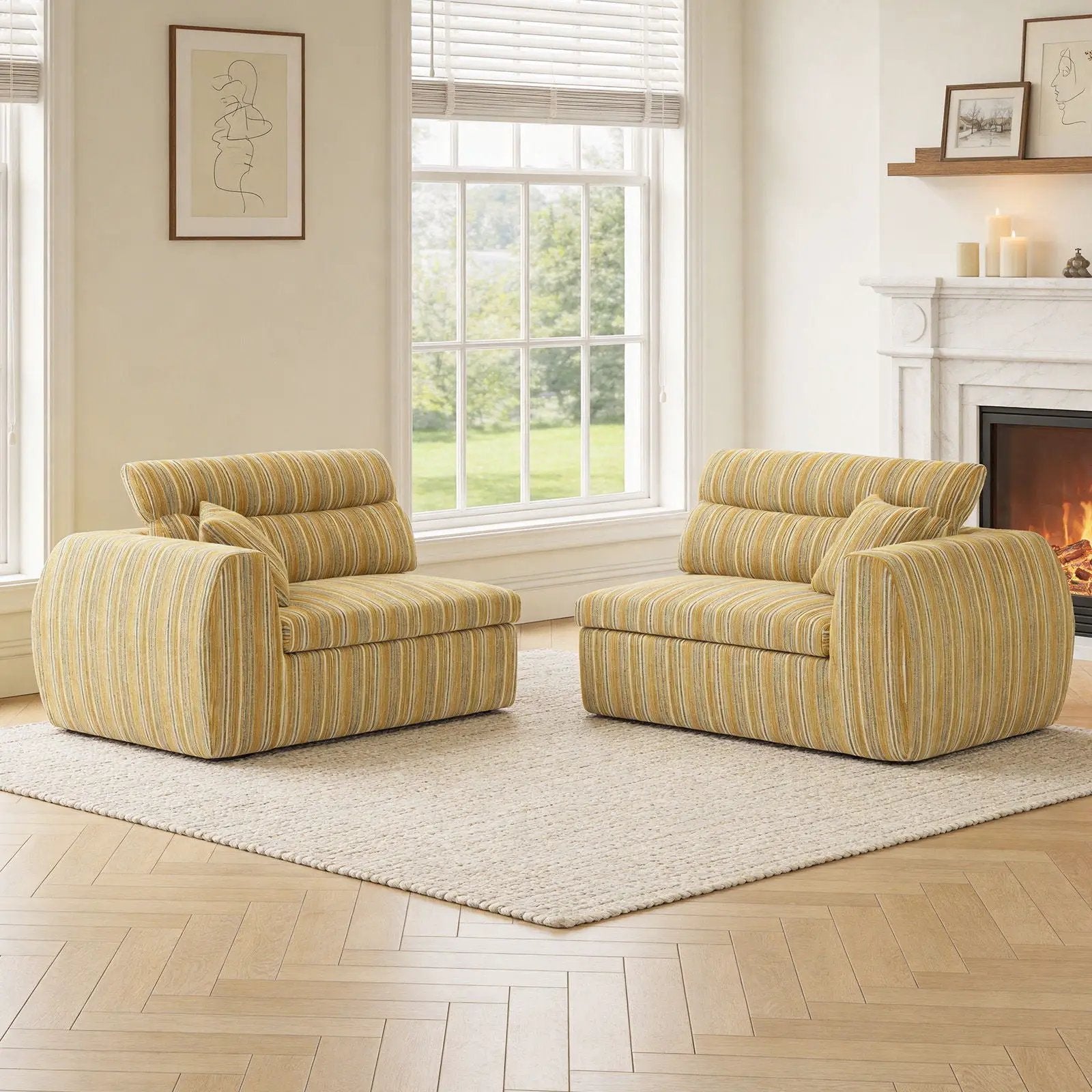 3 Seater couch with yellow striped upholstery and throw pillows in a bright living room on Tampa Home & Garden Store