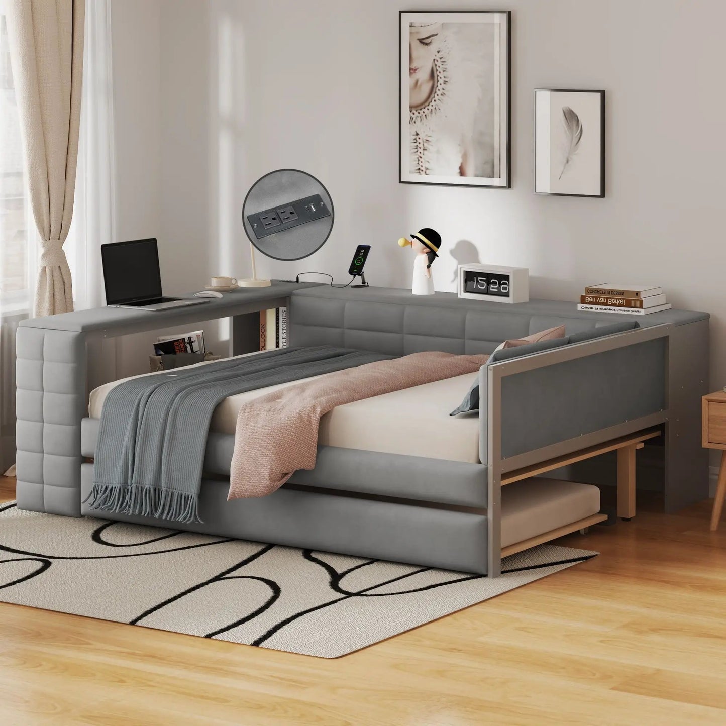 Upholstered Platform Bed with Storage Shelves
