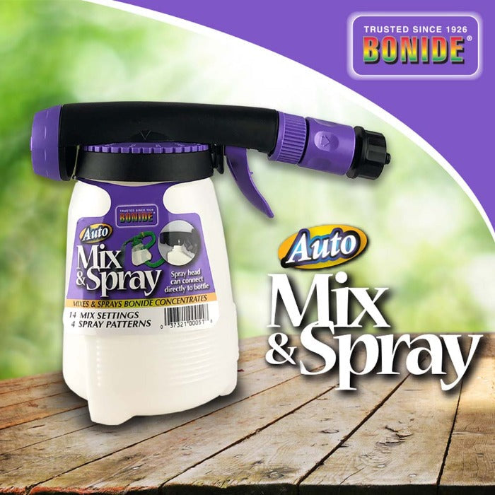 Bonide Auto Mix & Spray hose-end sprayer, white bottle with purple trigger and black nozzle on Tampa Home & Garden Store