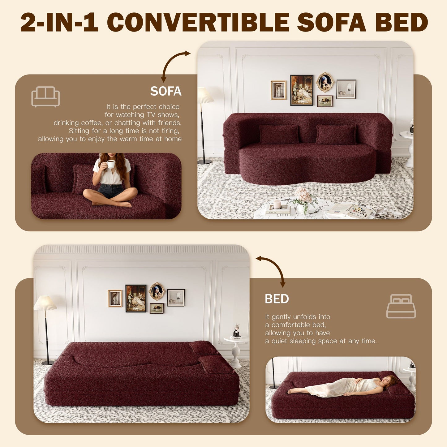 Modern Floor Sleeper Sofa Bed And Two Pillows