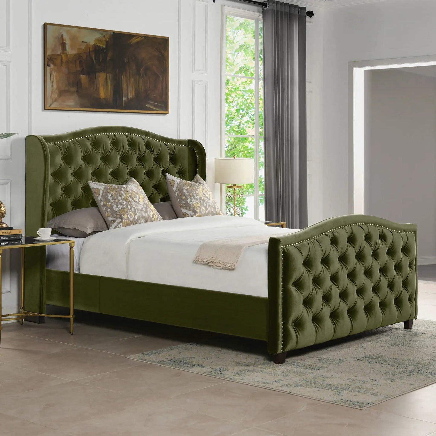 Marcella upholstered shelter headboard bed set in green velvet Unique Piece Furniture on Tampa Home & Garden Store