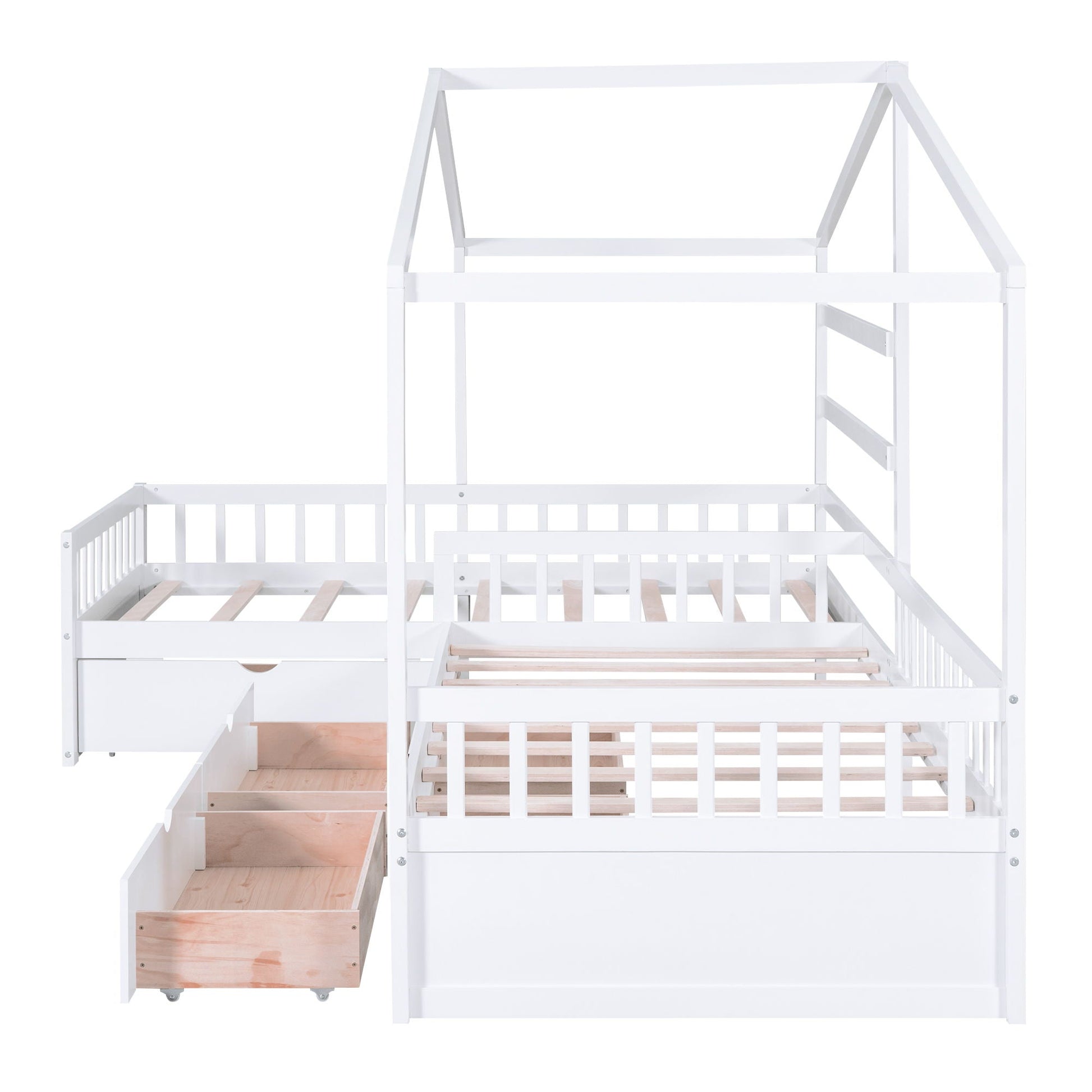 L-shaped white platform bed with 3 storage drawers and wood stairs HouseOfZazla on Tampa Home & Garden Store