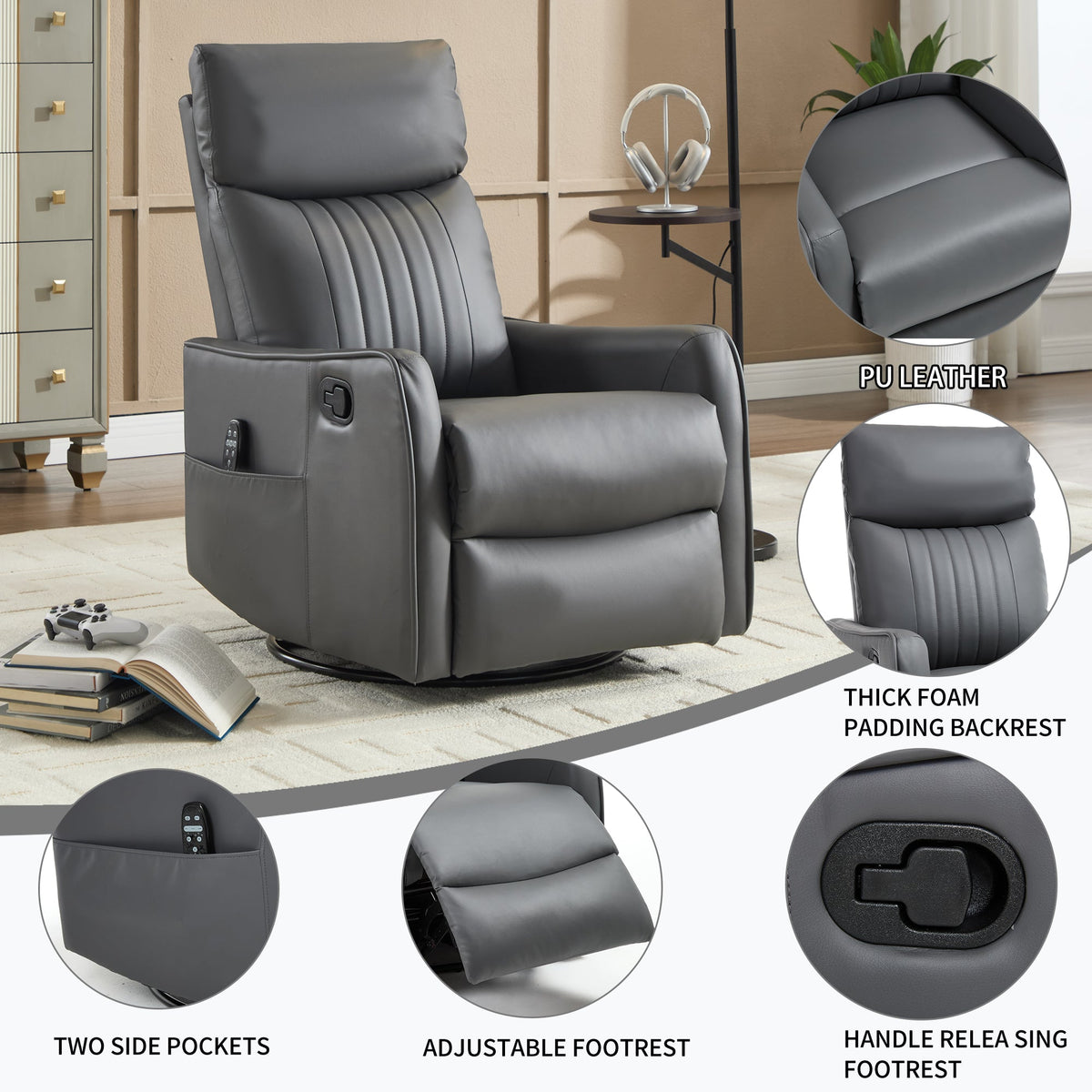 Grey faux leather heat massage manual recliner with rocker and swivel, backrest, side pockets on Tampa Home & Garden Store
