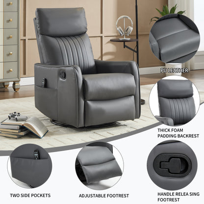 Grey faux leather heat massage manual recliner with rocker and swivel, backrest, side pockets on Tampa Home & Garden Store