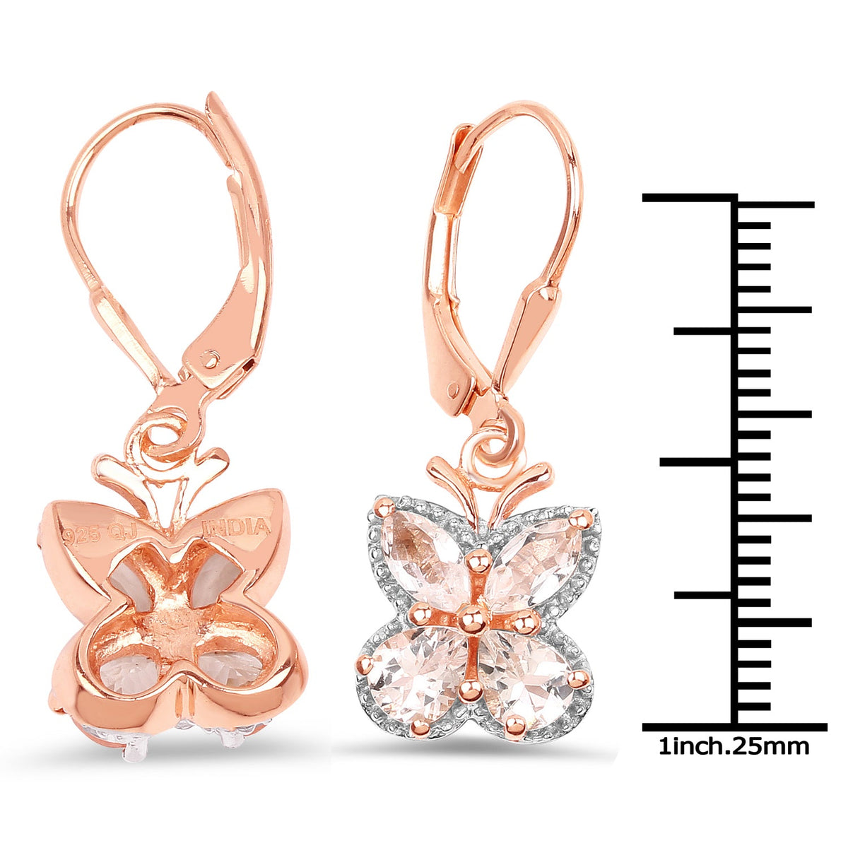 Bids.com 18K rose gold Morganite butterfly earrings.925 silver leverback pave crystals pair on Tampa Home & Garden Store