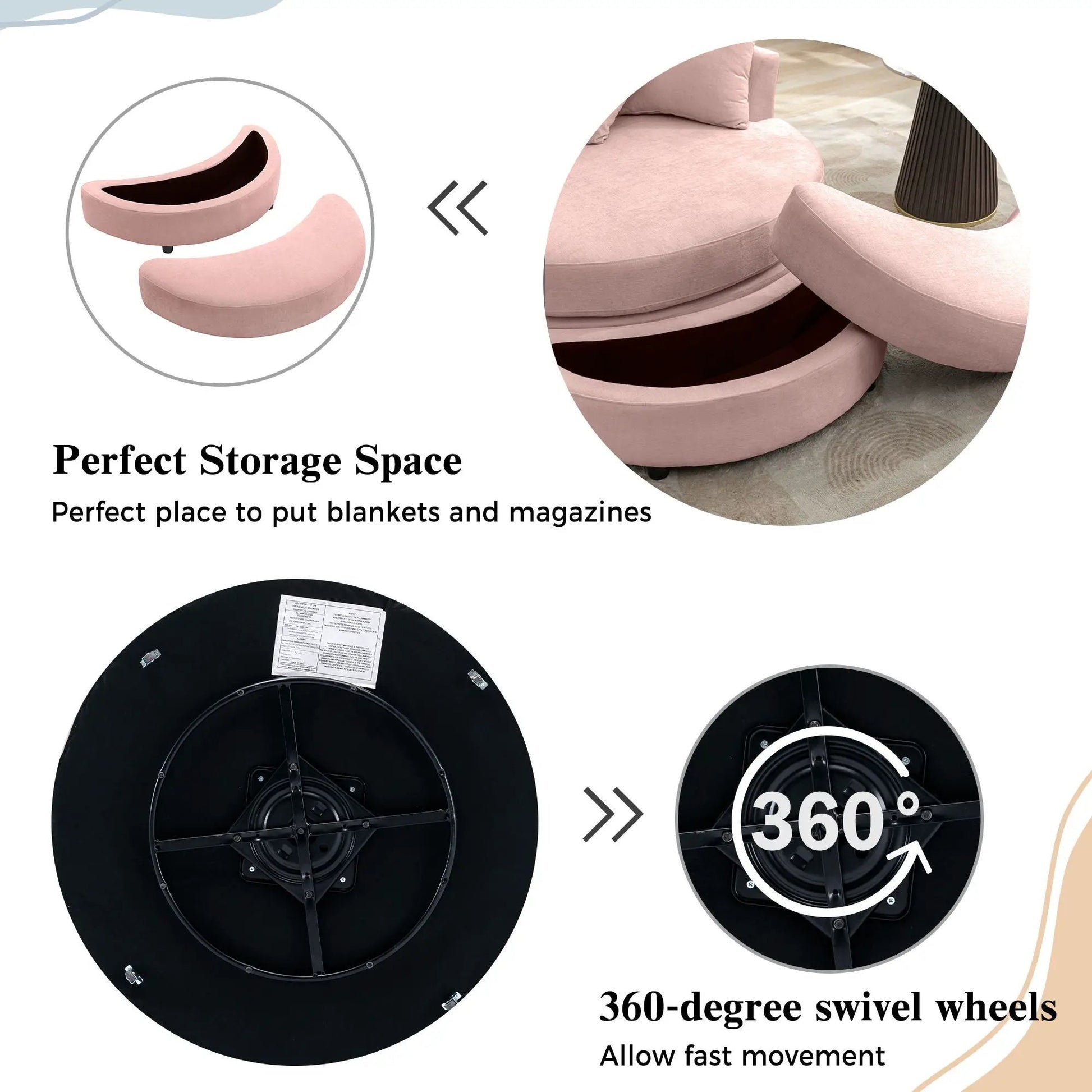 360° Swivel accent barrel chair with storage ottoman and 4 pink pillows, modern living room seating on Tampa Home & Garden Store