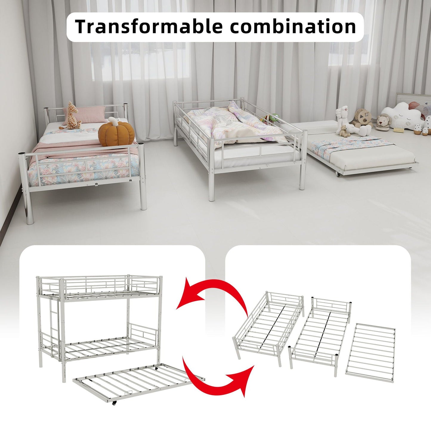 Bunk Bed For Kids, Convertible Frame With Ladders & Guardrail three beds HouseOfZazla on Tampa Home & Garden Store