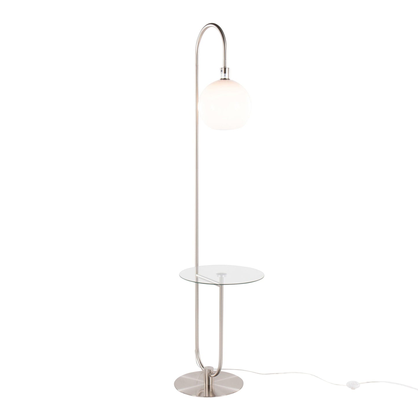 Trombone-style floor lamp by HouseOfZazla with arch and frosted globe plus glass table on Tampa Home & Garden Store